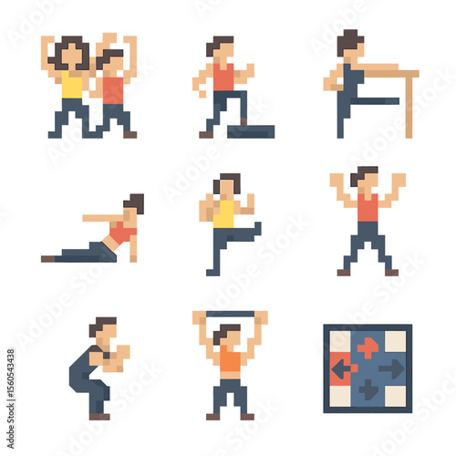 Dance Fitness Icons. Pixel art icon set of dance fitness activities: Zumba class, aerobics step, barre workout, pilates move,
