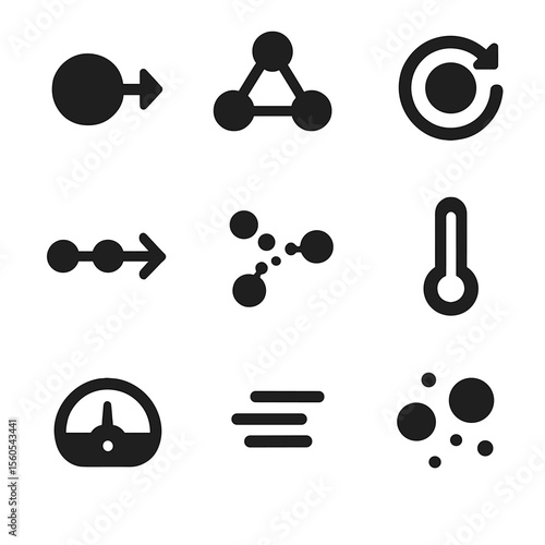 Molecular Motion Icons. Solid, filled icon set of molecular motion concepts: kinetic energy, vibration symbol, rotation arrow,
