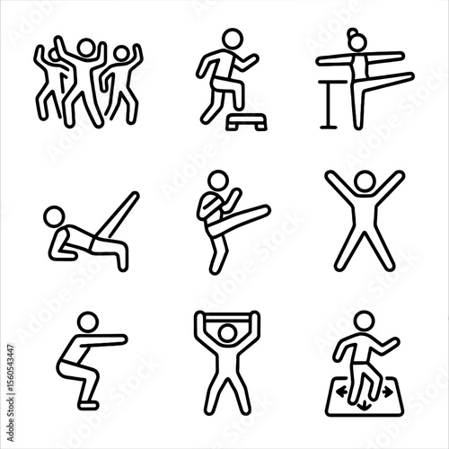 Dance Fitness Icons. Outline icon set of dance fitness activities: Zumba class, aerobics step, barre workout, pilates move, cardio