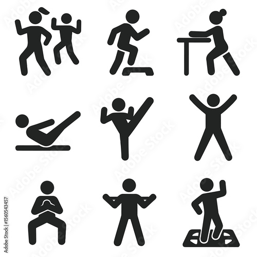 Dance Fitness Icons. Solid, Filled icon set of dance fitness activities: Zumba class, aerobics step, barre workout, pilates move,