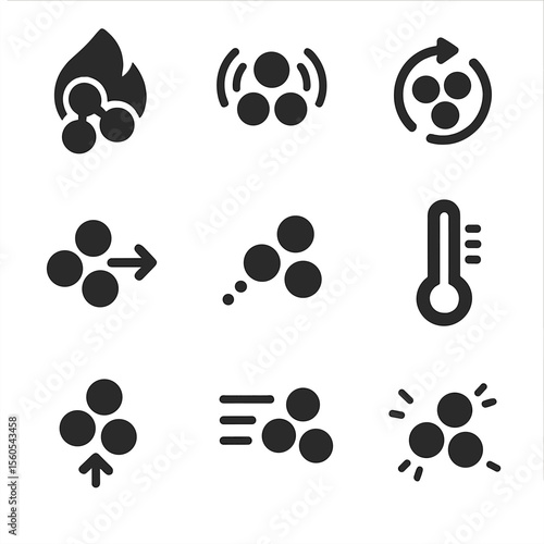 Molecular Motion Icons. Solid, filled icon set of molecular motion concepts: kinetic energy, vibration symbol, rotation arrow,