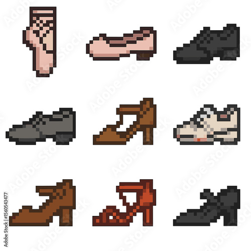 Dance Footwear Icons. Pixel art icon set of dance shoes and footwear: pointe shoe, ballet flat, tap shoe, jazz shoe, ballroom heel