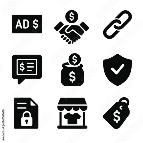 Monetization Icons Grid. Solid, filled icon set of monetization options: ad revenue, brand deal, affiliate link, sponsored post,