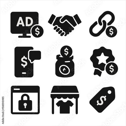 Monetization Icons Grid. Solid, filled icon set of monetization options: ad revenue, brand deal, affiliate link, sponsored post,