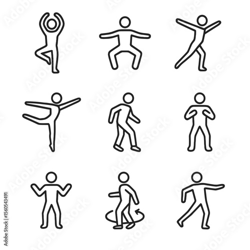 Dance Move Icons. Outline icon set of dance moves: pirouette, plié, jeté, arabesque, moonwalk, body wave, shimmy, spin turn, kick