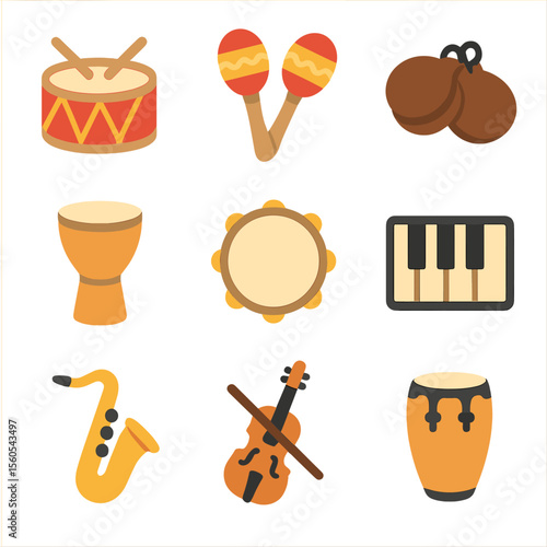 Dance Instrument Icons. Flat icon set of dance music instruments: drum, maracas, castanets, djembe, tambourine, piano keyboard,