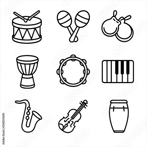Dance Music Icons. Outline icon set of dance music instruments: drum, maracas, castanets, djembe, tambourine, piano keyboard,