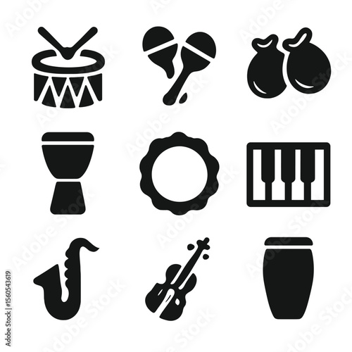 Dance Music Icons. Solid, Filled icon set of dance music instruments: drum, maracas, castanets, djembe, tambourine, piano keyboard