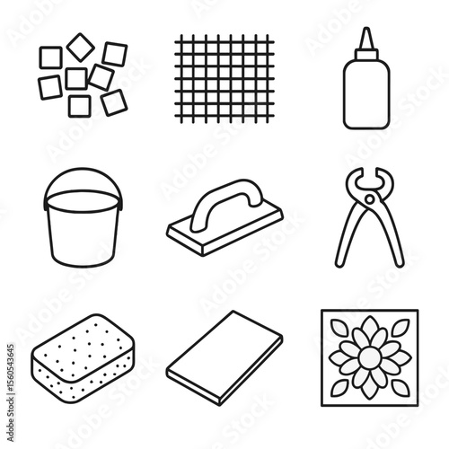 Mosaic Art Materials Icons. Outline icon set of mosaic art materials: tesserae tiles, mesh backing, adhesive, grout bucket, grout