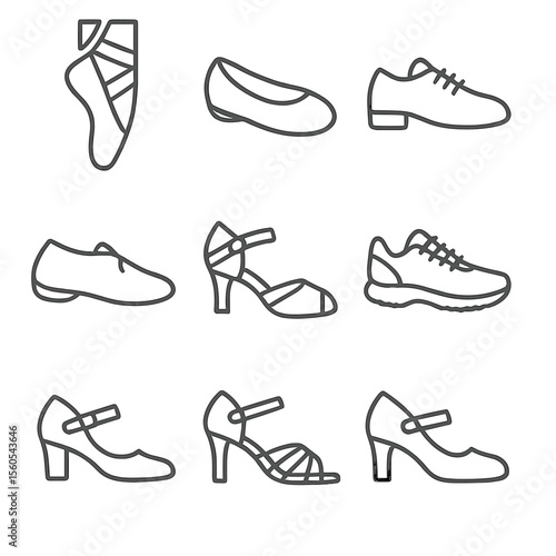 Dance Shoe Icons. Outline icon set of dance shoes and footwear: pointe shoe, ballet flat, tap shoe, jazz shoe, ballroom heel,