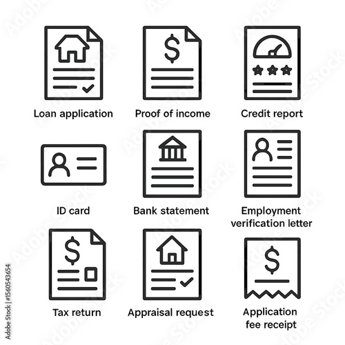 Mortgage Documents Icons. Outline icon set of Mortgage Application Documents: loan application form, proof of income, credit