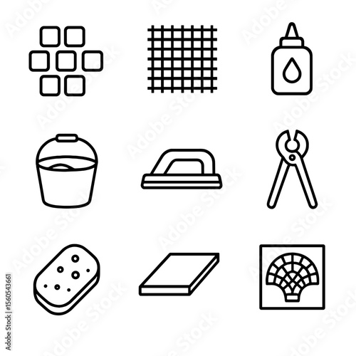 Mosaic Art Materials Icons. Outline icon set of mosaic art materials: tesserae tiles, mesh backing, adhesive, grout bucket, grout