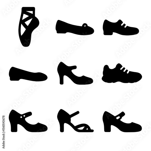 Dance Shoes Icons. Solid, Filled icon set of dance shoes and footwear: pointe shoe, ballet flat, tap shoe, jazz shoe, ballroom