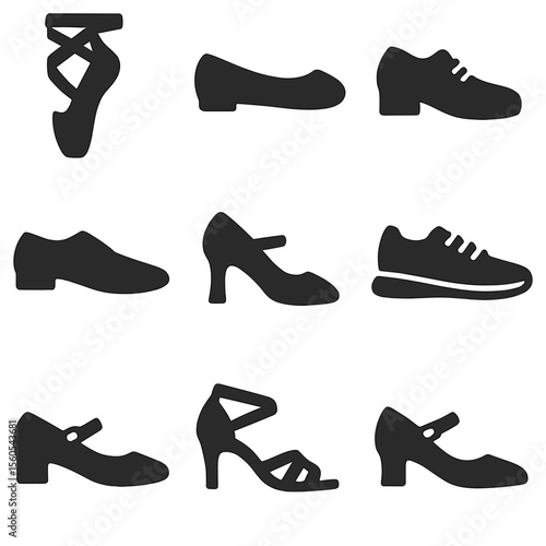 Dance Shoes Icons. Solid, Filled icon set of dance shoes and footwear: pointe shoe, ballet flat, tap shoe, jazz shoe, ballroom