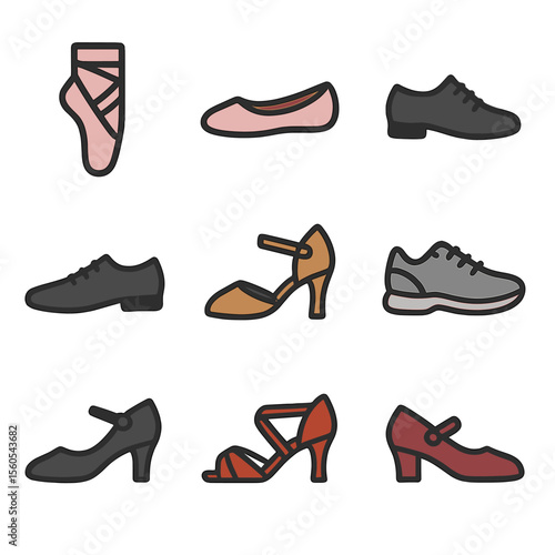 Dance Shoes Icon Set. Flat icon set of dance shoes and footwear: pointe shoe, ballet flat, tap shoe, jazz shoe, ballroom heel,