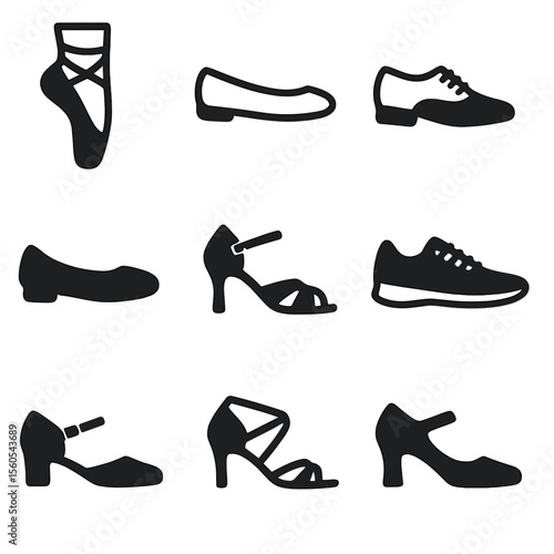 Dance Shoes Icon Set. Flat icon set of dance shoes and footwear: pointe shoe, ballet flat, tap shoe, jazz shoe, ballroom heel,