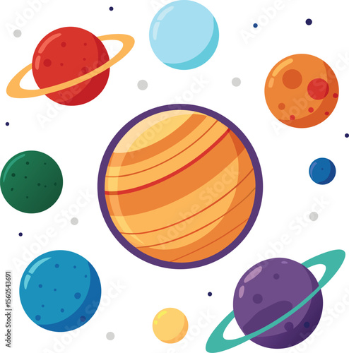 Clean and simple illustration of the solar system against a white background with colorful planets and orbits