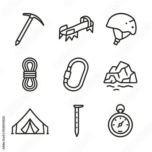 Mountaineering Gear Icons. Outline icon set of Mountaineering expedition: ice axe, crampon, mountaineer helmet, rope coil,
