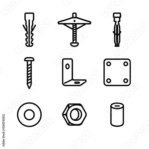 Mounting Hardware Icons. Outline icon set of mounting hardware options: wall anchor, toggle bolt, molly bolt, screw, mounting