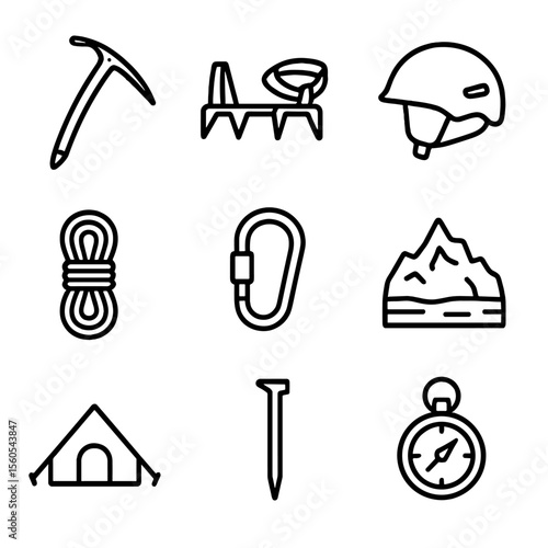 Mountaineering Gear Icons. Outline icon set of Mountaineering expedition: ice axe, crampon, mountaineer helmet, rope coil,
