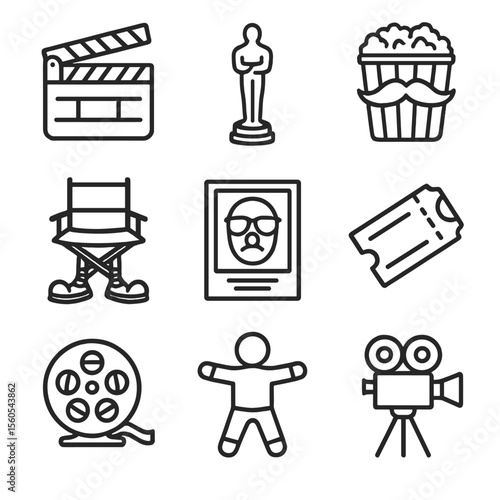 Movie Parody Icons. Outline icon set of movie spoof accessories: oversized clapperboard, faux Oscar statue, popcorn bucket with