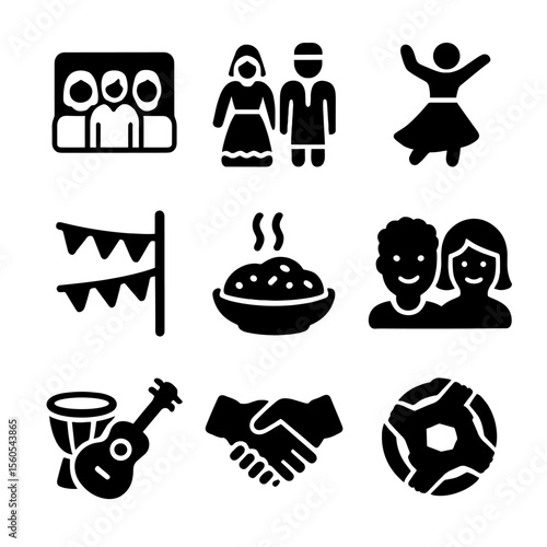 Multicultural Celebration Icons. Solid, filled icon set of multicultural celebration photos: diverse group, traditional dress,