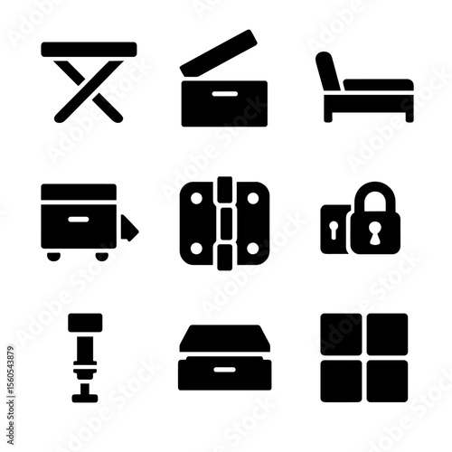 Multifunctional Furniture Icons. Solid, filled icon set of multifunctional furniture: foldable table, storage compartment,