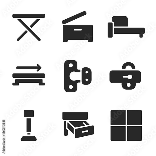 Multifunctional Furniture Icons. Solid, filled icon set of multifunctional furniture: foldable table, storage compartment,