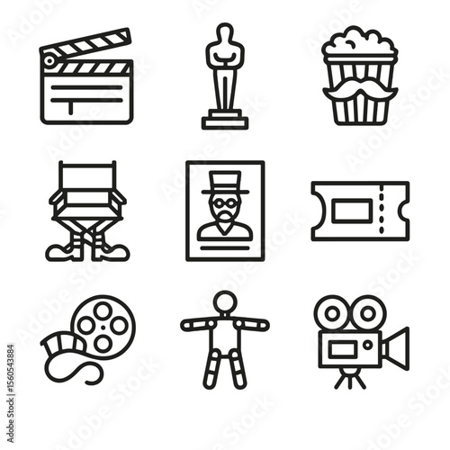 Movie Parody Icons. Outline icon set of movie spoof accessories: oversized clapperboard, faux Oscar statue, popcorn bucket with