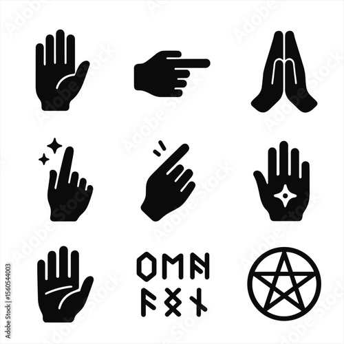 Mystical Hand Gestures Icons. Solid, filled icon set of mystical hand gestures: palm open, finger pointing, prayer hands, spell