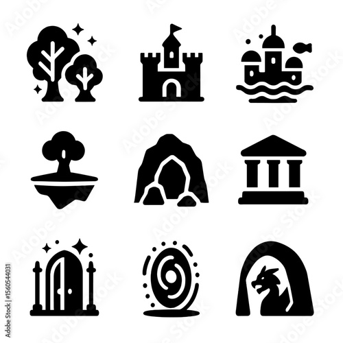 Mythical Icons Grid. Solid, filled icon set of mythical places: enchanted forest, haunted castle, underwater city, floating island