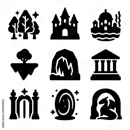 Mythical Icons Grid. Solid, filled icon set of mythical places: enchanted forest, haunted castle, underwater city, floating island