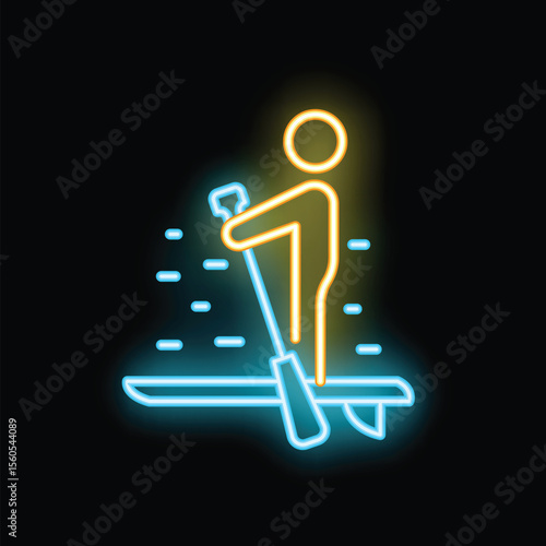 Neon icon of a person stand up paddle boarding on a body of water