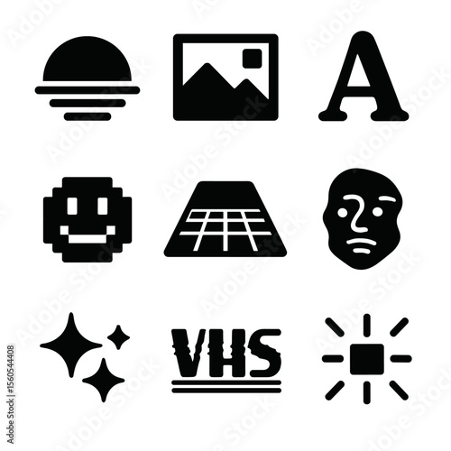 Niche Meme Icons. Solid, filled icon set of niche meme aesthetics: vaporwave sunset, low-res image, comic sans A, pixelated emoji,