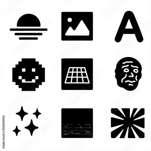 Niche Meme Icons. Solid, filled icon set of niche meme aesthetics: vaporwave sunset, low-res image, comic sans A, pixelated emoji,