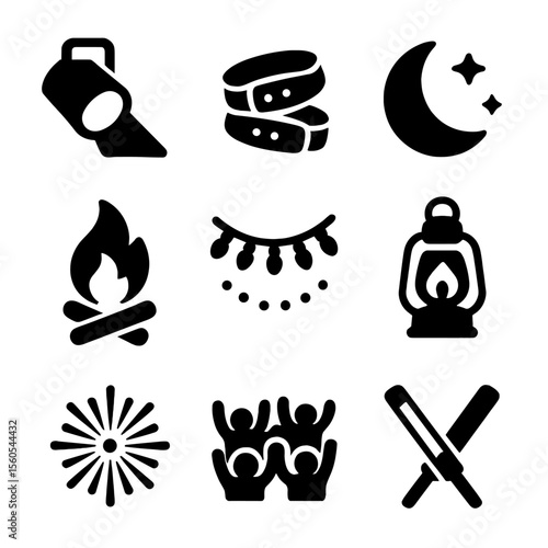 Night Festival Icons. Solid, filled icon set of nighttime festival vibe: stage spotlight, glowing wristbands, campfire, moon and