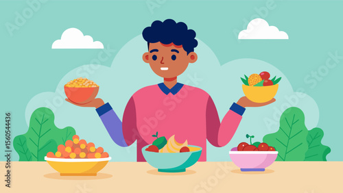 A teenager opting for a colorful buddha bowl filled with roasted chickpeas quinoa and roasted vegetables replacing fast food with a healthier alternative.. Vector illustration