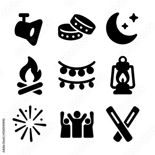 Night Festival Icons. Solid, filled icon set of nighttime festival vibe: stage spotlight, glowing wristbands, campfire, moon and