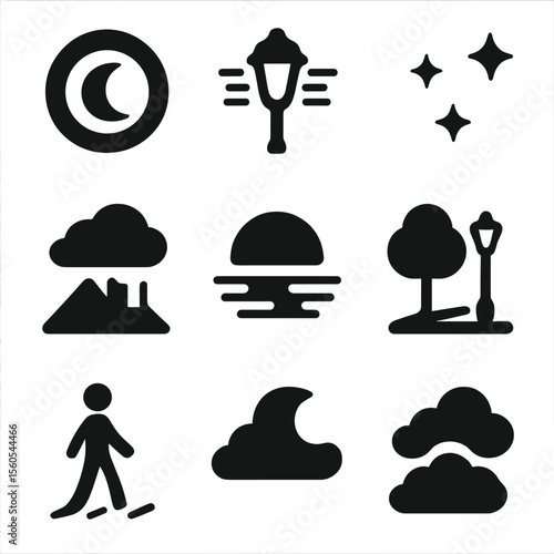 Night Haze Icons. Solid, filled icon set of night haze effects: moon halo, foggy lamp, distant stars, rooftop silhouette, soft
