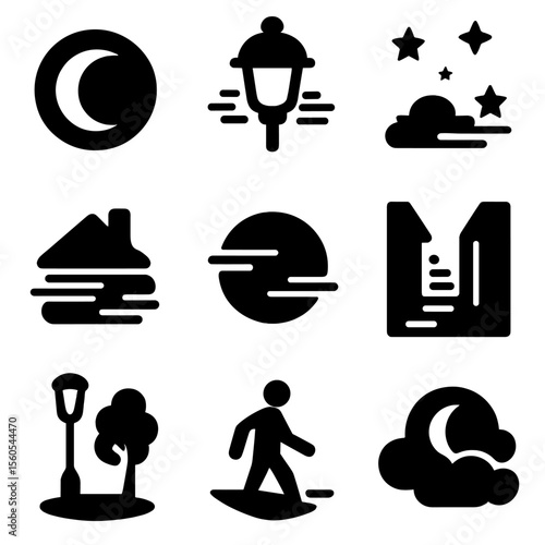Night Haze Icons. Solid, filled icon set of night haze effects: moon halo, foggy lamp, distant stars, rooftop silhouette, soft