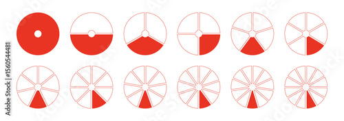 Circles divided diagrams 1, 2, 3, 10, 7, 8, 9, 10, 11, 12 equal parts. Red segments wheel round divide infographic. Graph pie, pizza shape section charts simple icons. Coaching blank template. 