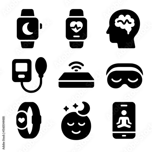 Nighttime Health Icon Set. Solid, filled icon set of nighttime health monitoring: sleep tracker watch, pulse oximeter, brainwave
