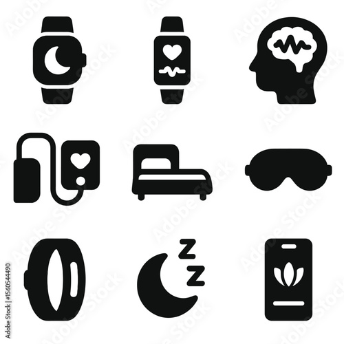 Nighttime Health Icon Set. Solid, filled icon set of nighttime health monitoring: sleep tracker watch, pulse oximeter, brainwave