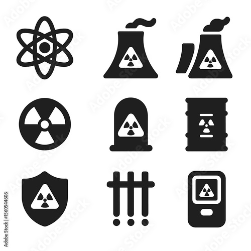 Nuclear Energy Icons. Solid, filled icon set of nuclear energy: atom icon, cooling tower, nuclear plant, hazard symbol, reactor