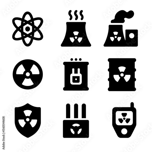 Nuclear Energy Icons. Solid, filled icon set of nuclear energy: atom icon, cooling tower, nuclear plant, hazard symbol, reactor