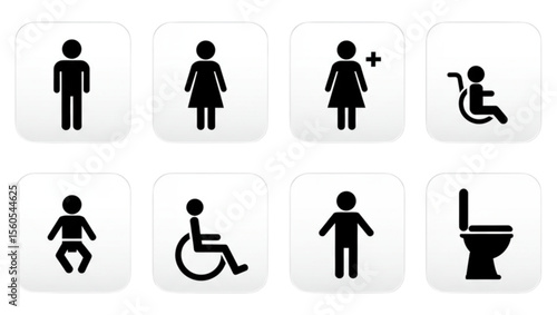 Washroom signs. Restroom or toilet door sign set containing gents, ladies, disabled, baby changing. Printable sticker. Transparent vector illustration. 