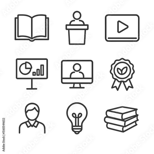 Nutrition Education Icons. Outline icon set of nutrition education resources: open book, lecture podium, video tutorial play