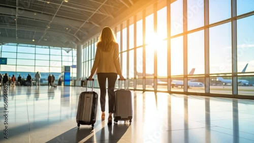 Woman with luggage walking through a modern airport terminal. Sunlight streams through large windows, illuminating the polished floor