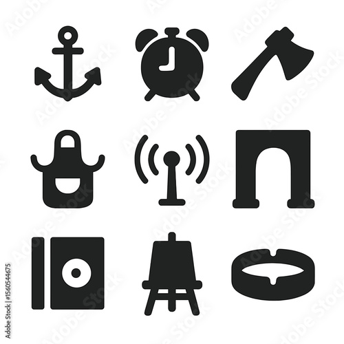 Objects Starting with A. Solid, filled icon set of objects starting with A: anchor, alarm clock, axe, apron, antenna, archway,