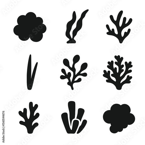 Ocean Flora Icons. Solid, filled icon set of ocean flora in tidal pools: green algae, brown kelp, red seaweed, seagrass blade,